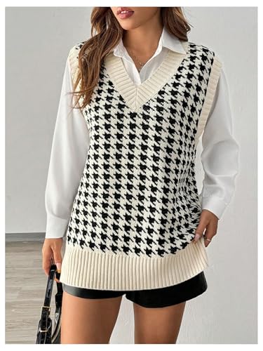 Image of MakeMeChic Women's Houndstooth Sweater Vest Sleeveless V Neck Loose Tops Black and White Large