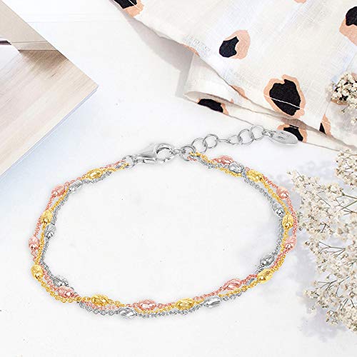 Sterling Silver Italian Tri-Color Triple Strand Oval Beaded 7+1" Bracelet/9+1" Anklet Jewelry for Women or Teens2