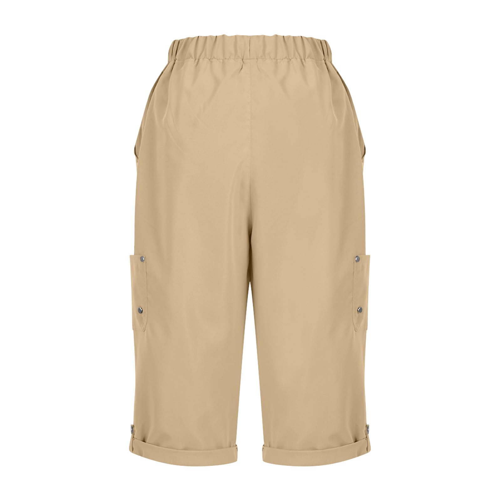Cargo Capris for Women with Pockets High Waist Drawstring Hiking Capri Pants Summer Fold Hem Workout Cropped Trouser(Beige,Large)