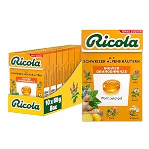 Ricola Ingwer Orangenminze, 10 Böxli Original Schweizer Kräuter-Bonbons mit 13 Alpenkräutern & erfrischendem Ingwer, zuckerfrei, 10 x 50g, vegan