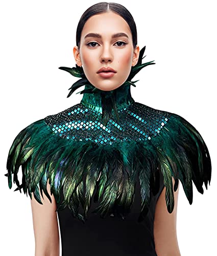 Natural Feather Sequins Shrug Shawl Cloak Collar Gothic Victorian Black Feather Shawl Halloween Dress up