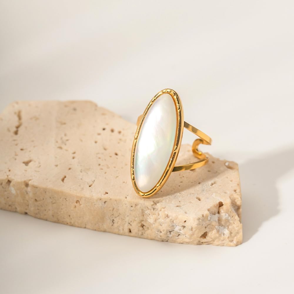 18K Gold Stainless Steel Iridescent White Mother-of-Pearl Oval Ring Luxury Pearl Jewelry