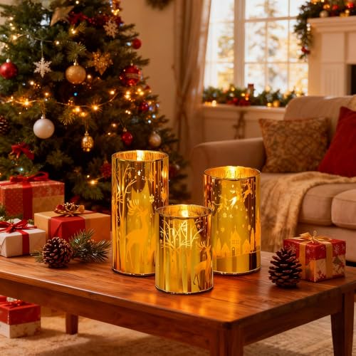 Image of Wondise Christmas Gold Reindeer LED Flameless Candles with Remote Timer, Electroplate Glass Battery Operated Real Wax Flickering 3D Wick Pillar Candles for Christmas Holiday Home Decoration
