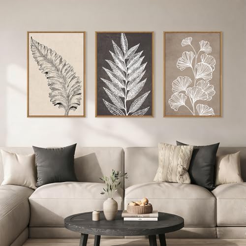 HOURIA Abstract Boho Fern Leaf Floral Framed Canvas Wall Art Set,Vintage Botanical Leaves Wildflower Decor,Modern Minimalist Nature Inspired Beige & Brown Artwork for Living Room,Farmhouse-16 x24 x3