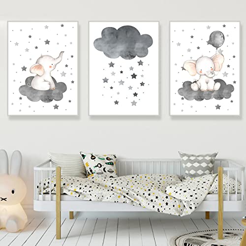 Elephant Nursery Wall Art Star Nursery Art Prints Baby Elephant Nursery Pictures Star Cloud Wall Art Baby Nursery Posters Cute Animal Prints Baby Nursery Pictures For Wall Cute Artwork 12X16Inx3 No Frame #TOP10