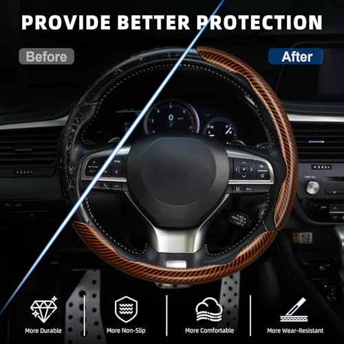Image of Amiss 3pcs Carbon Fiber Anti-Skid Steering Wheel Cover, Waterproof Design, Universal Fit for 14-16 Inch Car Wheel Cover, Interior Car Accessories for Jeeps, SUVs, Trucks (Glossy Brown)