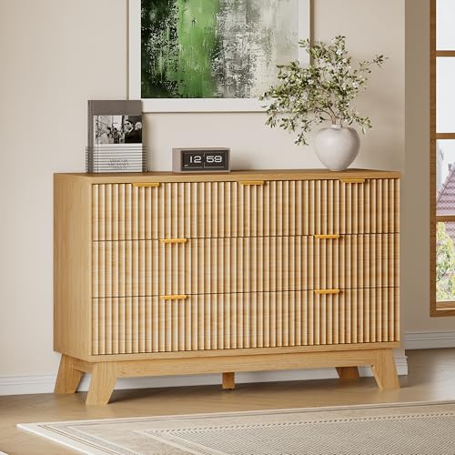 Image of BORNOON Fluted 7 Drawer Dresser, 47.2 inch Wide Modern Boho Chest of Drawers, Wooden Storage Dresser TV Stand for Bedroom, Living Room, Closet, Hallway, Curved Profile Design