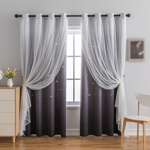Image of indistar Colourful Stripe Star Cut-Out Blackout Curtains for Bedroom,2 Layers Mix Design of Fabric & Tulle,Pretty Window Curtain for Kids Room 1 Panel (W52 x L63 Dark Grey)