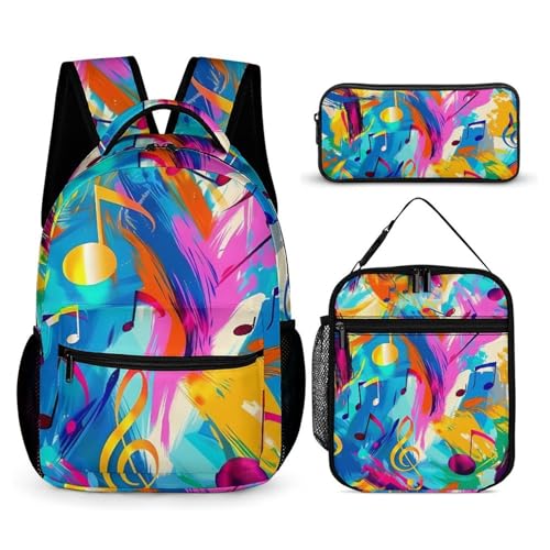 Vibrant Musical Notes Symbols Backpack Shoulder Bags Lunch Bag Pencil Case Box 3 Set Daypack Cute