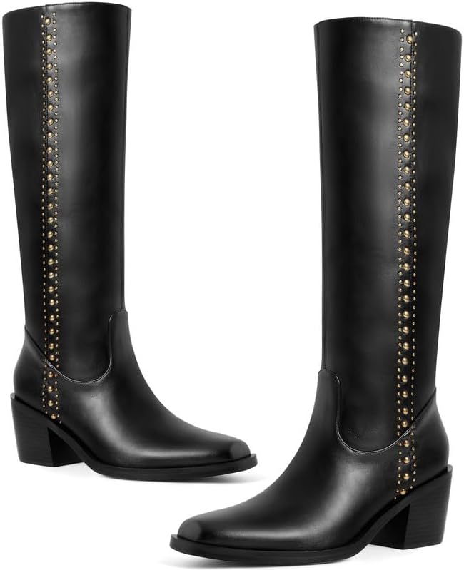 Womens Knee High Boots Chunky Square Toe Block Heel with Side Zipper Studded Metallic Rivets Riding Boots Fashion 2025 - Image 5