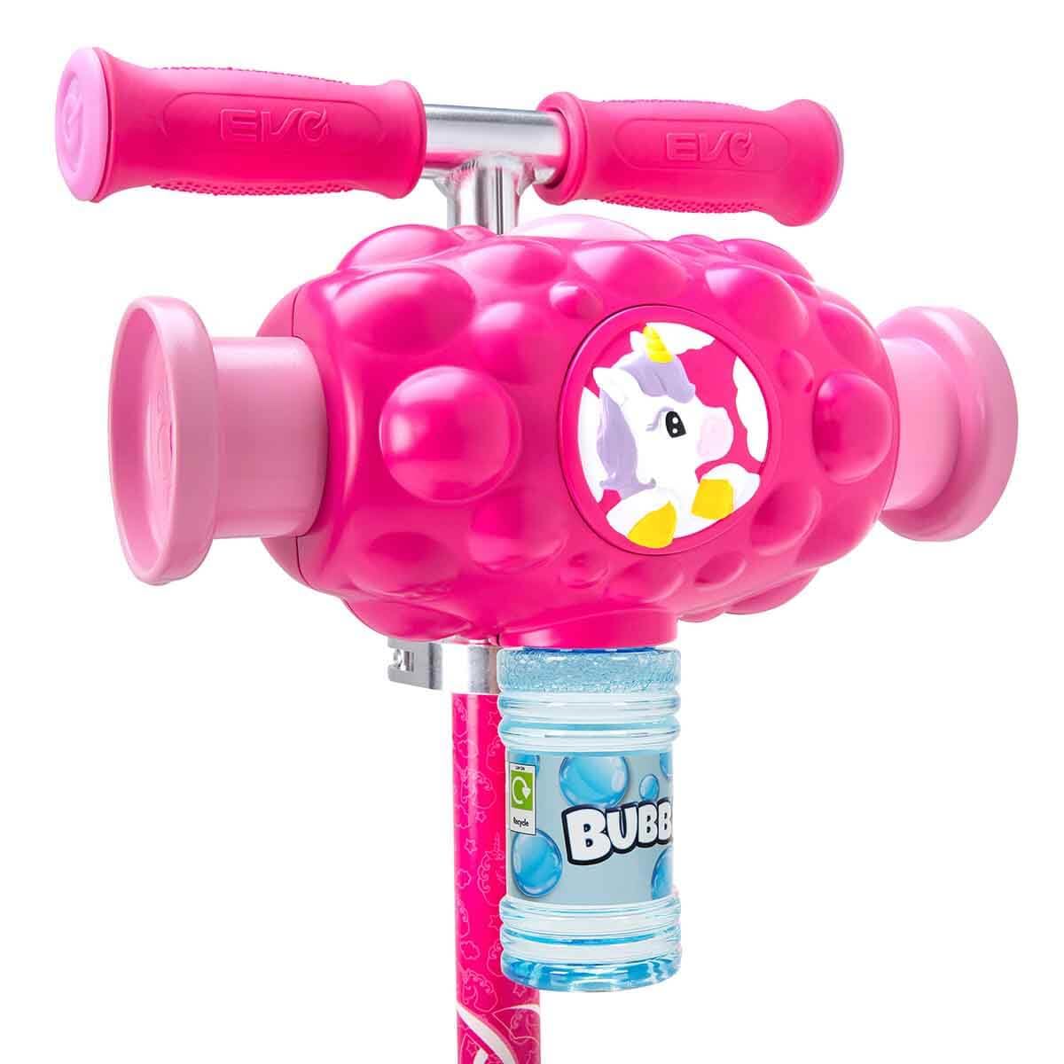 EVO Patinete ajustable con tres ruedas para niños, Bubblz Mini Cruiser rosa con pompas de jabón