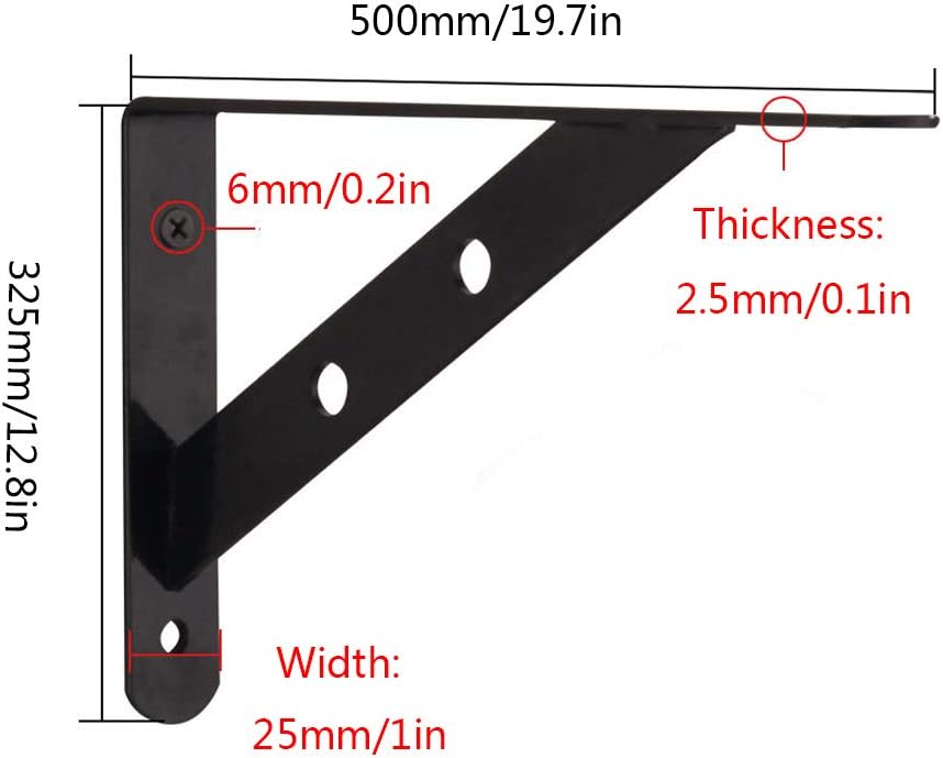 Industrial Shelf Bracket Floating Shelves Shelf Support,Wall Shelve Right Angle Bracket,Metal Triangle Cold Rolled Steel Wall Mounted Decorative Shelving,2 Pcs (500325mm/19.712.8in,Black)