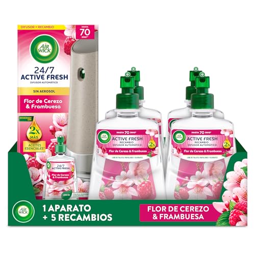 Air Wick Active Fresh Spray Automatico Sin Aerosol - Ambientador para casa con aroma a Flor de Cerezo & Frambuesa - Pack de 1 Aparato + 5 Recambios (228mlx5)