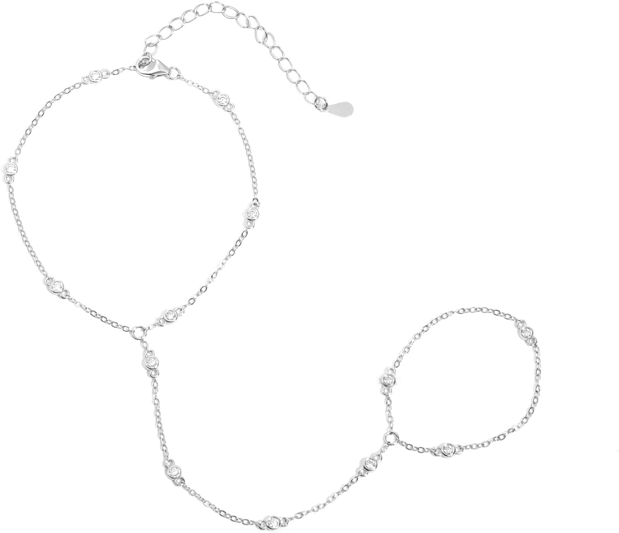 Hand Chain Bracelet for Women: 925 Sterling Silver 0.72ct Moissanite Dainty Bracelet with Finger Ring Adjustable Gift for Anniversary Birthday Wedding