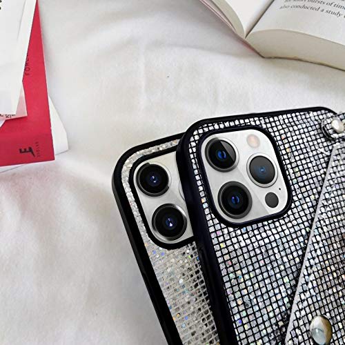 Omorro For Iphone 12 Pro Max Bling Case, Glitter Diamond Sequins Case Small Credit Card Cash Holder Wallet Case With Shiny Crossbody Chain Hard Pc Back Protective Girly Stand Case White #TOP6