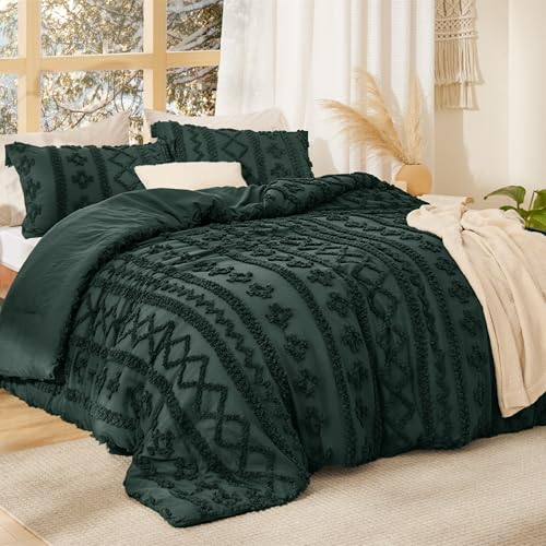 Image of Bedsure Tufted Boho Comforter Set Queen Size - Dark Green Boho Bed Set, GentleSoft 3 Pieces Farmhouse-Style Embroidery Bedding, Gifts for Woman, Soft Jacquard Kids' Queen Comforter for All Seasons