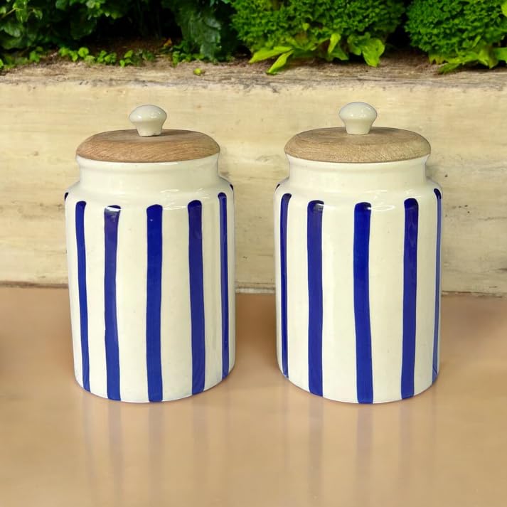 Image of Airtight Ceramic Jars (Pack of 2) - 900ml Each - Wooden Lid - Kitchen Containers for Sugar, Tea, Salt, Pickles, Pulses & More (Blue Lines)
