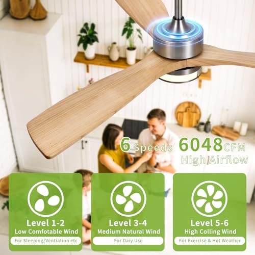 Image of 52 Inch Ceiling Fans with Lights and Remote Control, 3 Blade Ceiling Fan with Light for Bedroom Living Room Indoor Outdoor Patio, Reversible, 3CCT, Dimmable, Noiseless DC Motor, Nickel & Natural Wood
