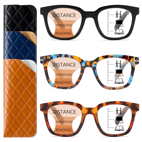 ZXYOO 3 Pack Near-range Workspace Progressive Reading Glasses for Women Men Square Oprah Style Blue...