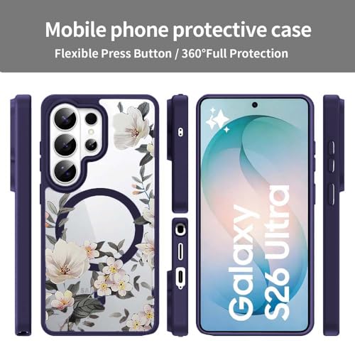 Image of VONZEE Compatible with Samsung Galaxy S26 Ultra 5G Case Luxury Retro Flowers Floral Clear for Magnetic Wireless Charging Case Shockproof PC+TPU Cute Glossy Shiny Cover for Girls Women, Deep Purple