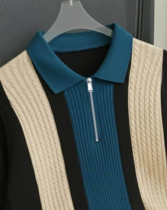 Image of AUSK Men's Retro Cable-Knit Quarter-Zip Polo | Premium Textured Self-Design Half Sleeve T-Shirt for Men