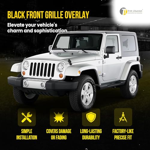 Chrome Delete Black Front Grille Overlay with Secure Adhesive Tape for 2007-2017 Jeep Wrangler Sport, Sahara, Rubicon, Unlimited, Sports, & JK | Easy Installation - No Tools Needed | US Patented - Thumbnail 2