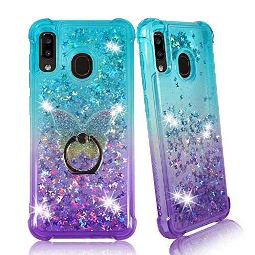 Zase Compatible with Samsung Galaxy A20 A30 Clear Case, Liquid Glitter Sparkle Bling Cute Girls Women Protective Cover w/Phone Ring (Gradient Aqua Purple, Galaxy A20/A30)