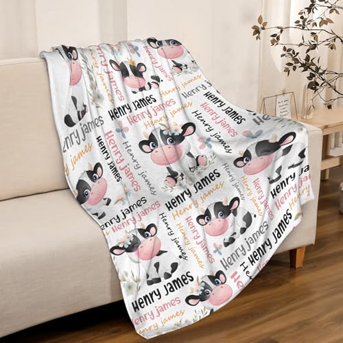 Image of Custom Cow Pattern Blanket, Personalized Cow Gifts for Boys Girls,Soft Flannel Animal Throw Blanket with Name,50 inchx60 inch for Teens