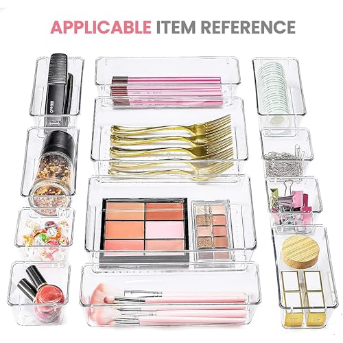Image of UCRAVO 9Pcs Clear Plastic Drawer Organizer Set Clear Plastic Desk Drawer Dividers Trays Dresser Storage Bins Separation Box for Makeup, storage, jewelry and Gadgets, Bedroom, Bathroom, Office