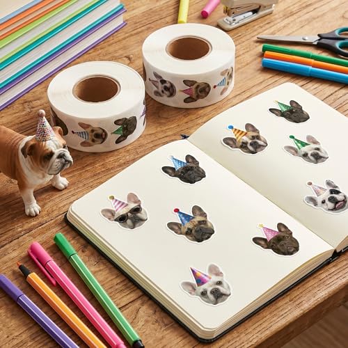 Image of Realistic French Bulldog Stickers - 1000 Pcs Bulldog Birthday Hat Design Waterproof Vinyl with Repositionable Adhesive for Pet Party Decorations Gift Wrapping Laptop Water Bottle DIY Crafts