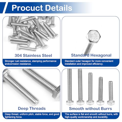 Image of MroMax 25Pcs M6-1 Hex Bolts, M6 x 20mm Hex Head Screws Bolts | 304 Stainless Steel 18-8, Fully Threaded, External Hex Drive, for Panel Mounting and Light Bracket
