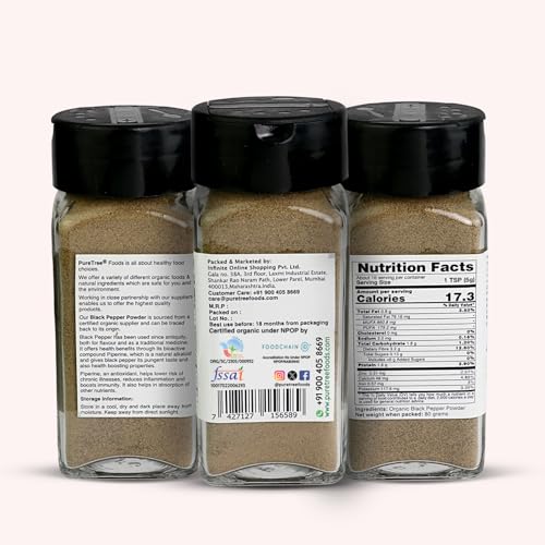Image of Pure Tree Certified Organic Black Pepper Powder | 80 g | Glass Jar | Kali Mirch Powder | Black Peppercorn Kaali Mirch | Aromatic Black Pepper Seeds Powder | Miriyalu Powder Spices