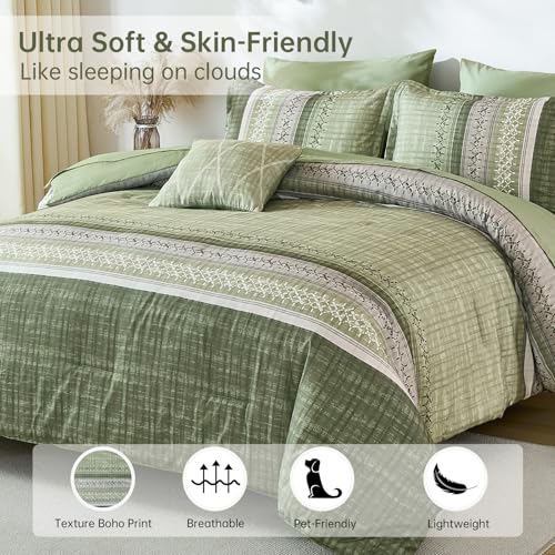 Image of Dintszyayue Sage Green King Comforter Size Set, 8 Pieces Striped Boho Texture Bed in a Bag Sets, Lightweight Soft Bohemian Comforter and Sheet Set, All Season Microfiber Bedding Sets for Men Women