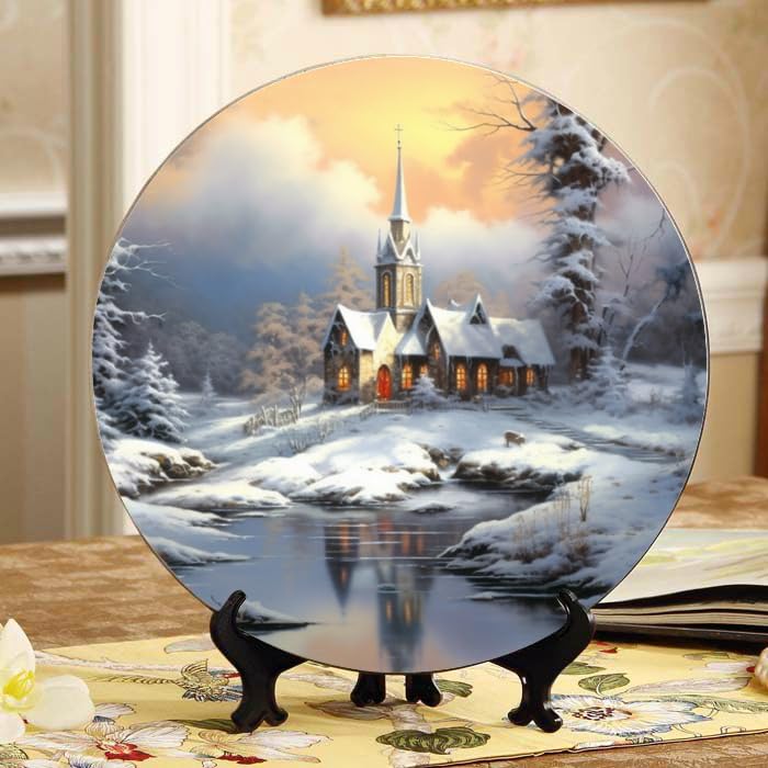 DNOVING 10 Inch Ceramic Decorative Plate with Stand Snowy Landscape Painting for Home Decor, Parties, and Christmas Perfect Wall Decoration