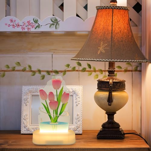Lámpara de mesa de noche 3D tulipán rosa LED acrílica miniatura 5
