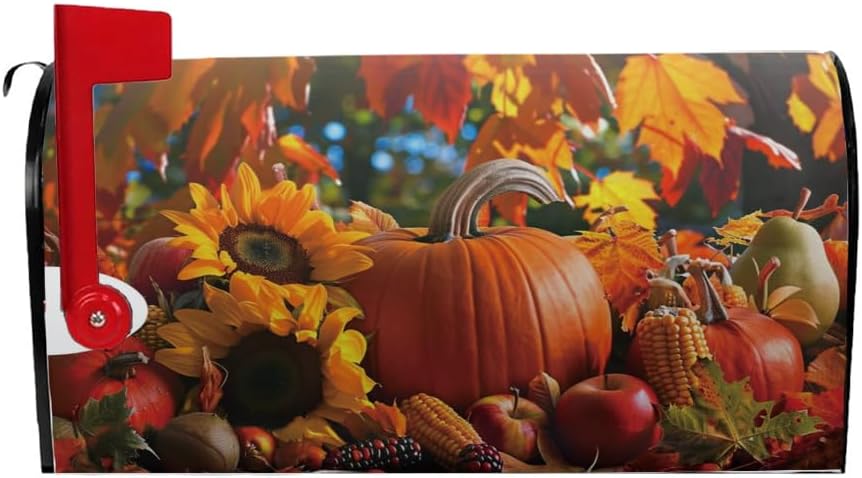 Harvest Magnetic Mailbox Cover with Pumpkin, Sunflowers & Autumn Fruits, Waterproof Oxford Cloth Mailbox Wrap, Outdoor Garden Yard Home Decor for Standard Size 18" x 21"