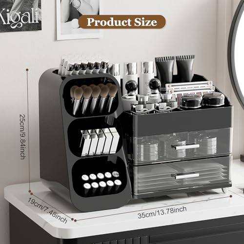 FoiiLiio Make Up Kosmetik Organizer mit 2 Schubladen, Multifunktion Schminktisch Organizer, Einfache Aufbewahrung für Pinsel Lippenstift Skincare für Schminktisch, Bad und Schlafzimmer(Schwarz)