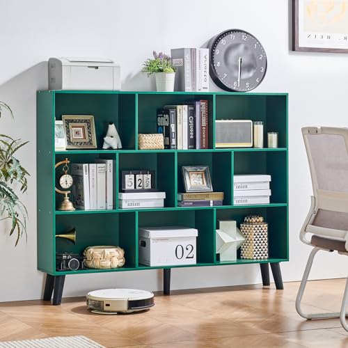 LEYAOYAO 10 Cube Bookshelf, 3 Tier Vintage 55" Wide Bookcase with Legs, Mid-Century Wood Bookshelves Storage, Dark Green Large Book Case, Freestanding Organizer Display Shelf for Living Room