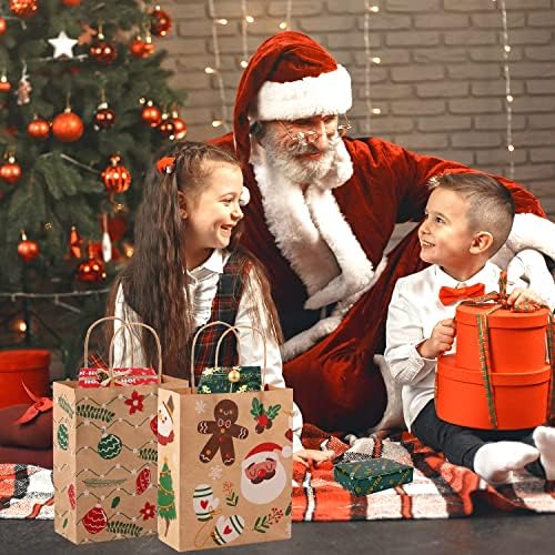 24pcs Christmas Kraft Gift Bags, Christmas Paper Bags with Handles for Gifts Sweets Party Supplies Decor, Medium Assorted Christmas Goody Treat Candy Bags with 8 Designs, 9" x 7.3" x 3.3"