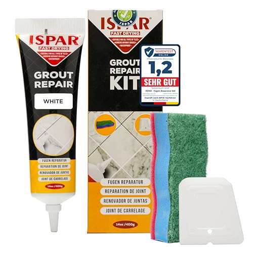 ISPAR Kit de Réparation de Joint de Carrelage Blanc (400g) - Coulis et Mortier Blanc Salle de Bain, Joint Étanchéité - Avec Spatule et Éponge