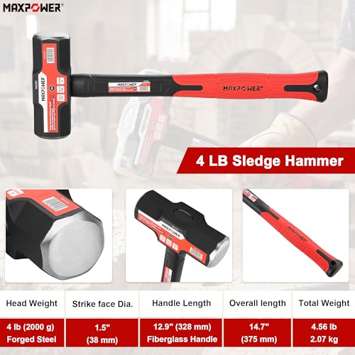 Image of MAXPOWER 5-Piece Hammer Set, Fiberglass Handle for Woodworking & Assembly | 4LB Dead Blow Hammer, 16oz Ball Peen & Rubber Mallet, 8oz Claw Hammer included