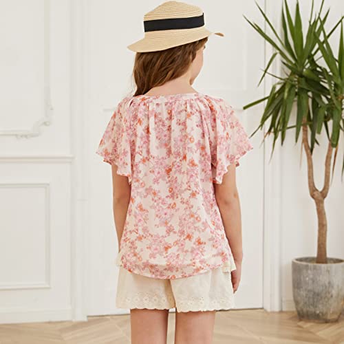 Blibean Girl Summer Blouse Short Sleeve Shirts Tween Kids Ruffle Tops Spring Boho Flower Clothes Floral Clothing Size 4-5 Years Small Orange #TOP2