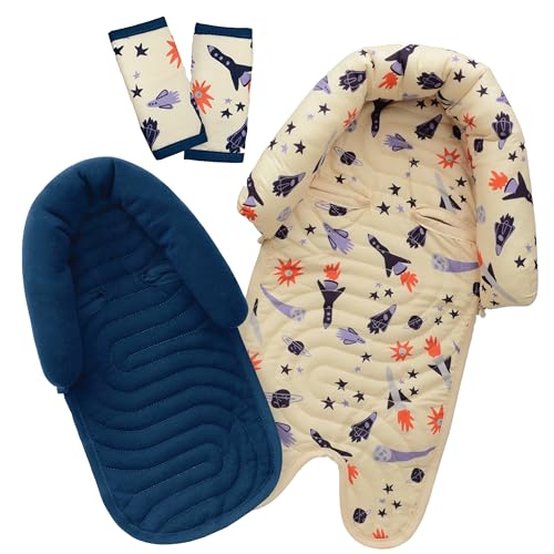 Image of GoldBug Deluxe Duo Car Seat Head Support + Matching Strap Covers for Baby and Infant - Space Explorer