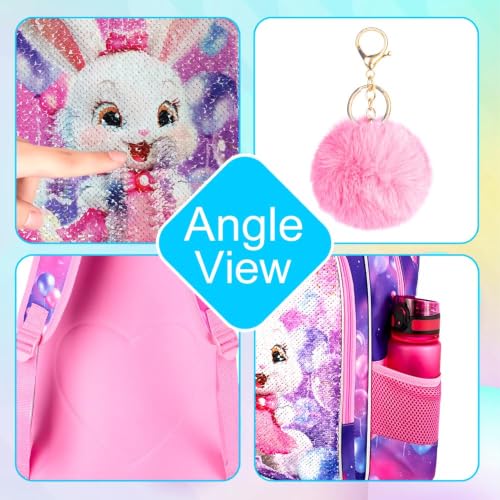 Image of 3Pcs Backpack for Girls, 16 inch Sequins Kids Bookbag with Lunch Box, Bunny School Backpacks for Elementary Preschool Kindergarten (Pink)