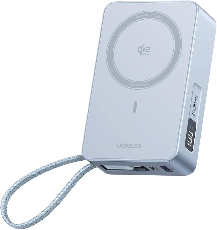 Qi2 25W Wireless Power Bank, Built-in Cable, 30W PD Wired MagSafe | Qi2 25W wireless & 45W PD wired, built-in cable. High-capacity 20000mAh. MagSafe