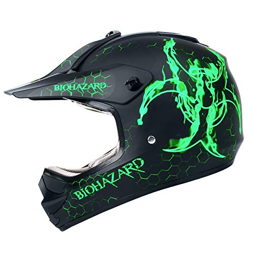 Motocross Youth Kids Helmet Motorcycle Helmet Dirt Bike Motocross ATV Helmet, DOT Approved Offroad Street Helmet(Biohazard Green,S)