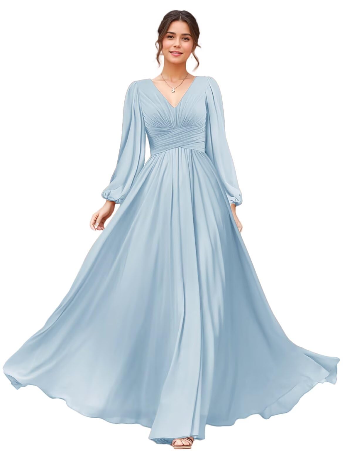 Long Chiffon Bridesmaid Dresses with Sleeves V Neck Formal Dress for Wedding Party