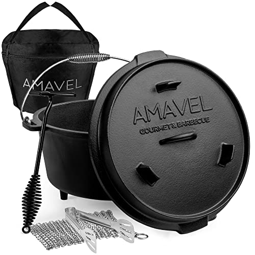 Wiltec Dutch Oven In Ghisa 4L Con Sottopentola E Solleva Coperchio - Forno Olandese Per Campeggio, Barbecue E Fuoco All'Aperto