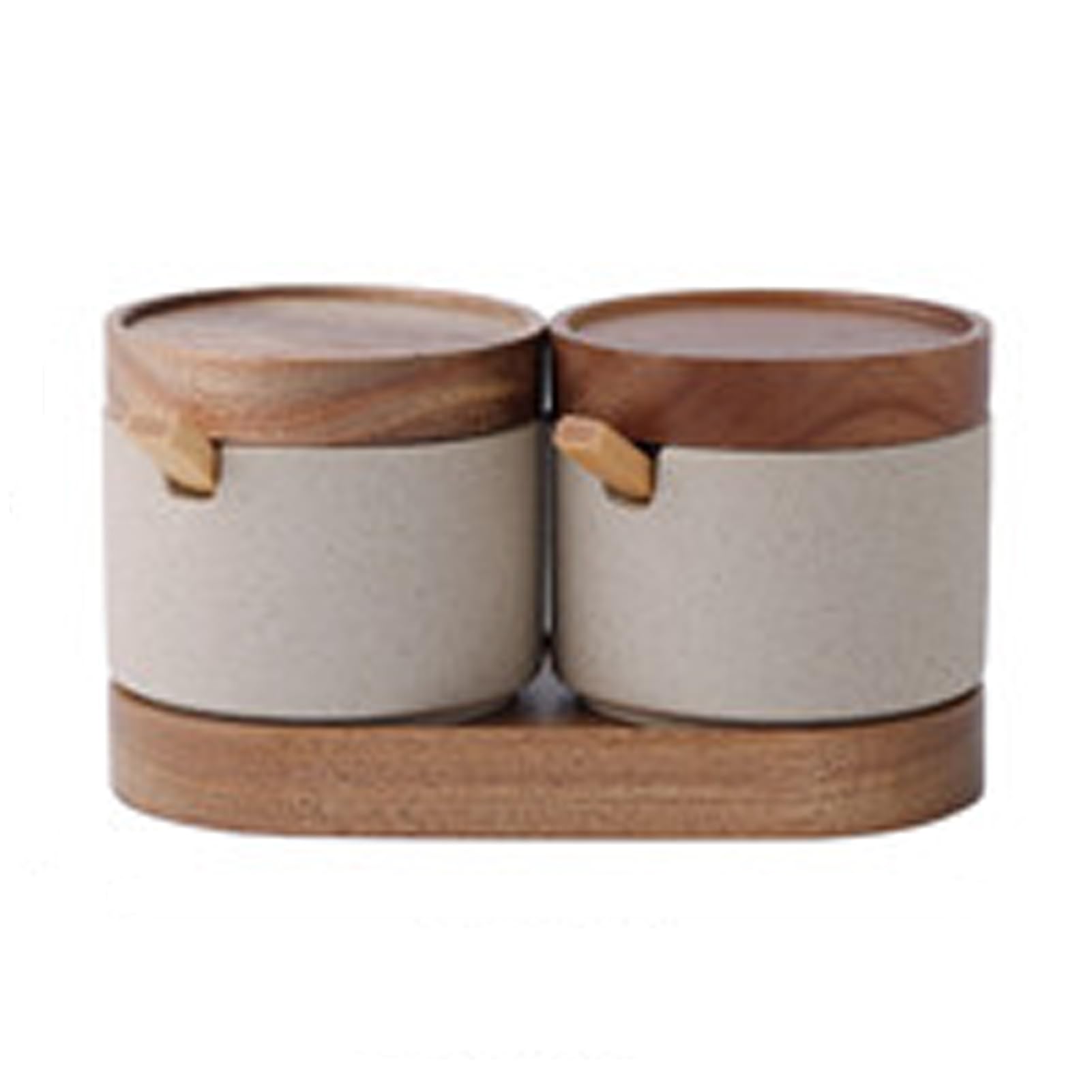 Dxcaicc Ensemble De Pots À Épices, Pot D'Organisateur D'Épices en Argile avec Plateau en Bois, Pot À Épices Japonais en Grès Vintage, Stockage D'Assaisonnement De Cuisine,Set of 2