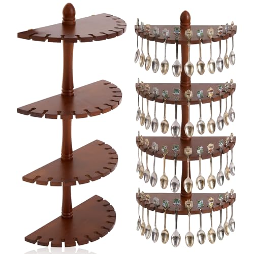 BrightRow Curved Brown Wood Spoon Display Case Wall Mountable 48 Spoon Rack 4 Shelves for Kitchen Dining Room 26 H x 11.25 W x 4 D
